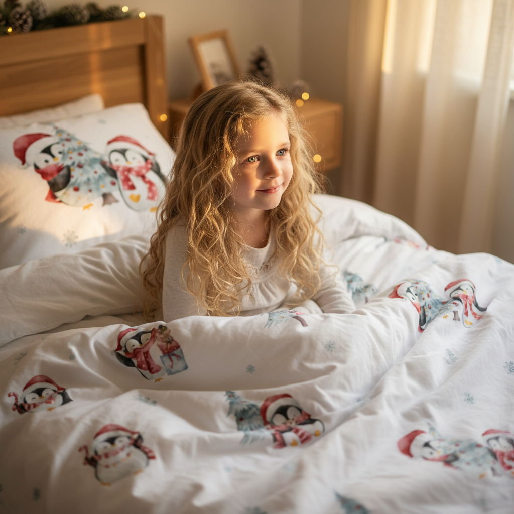 Kind sitzt unter Leslis-Kinderbettwäsche „Winter Pinguine“ und schaut zur Seite.