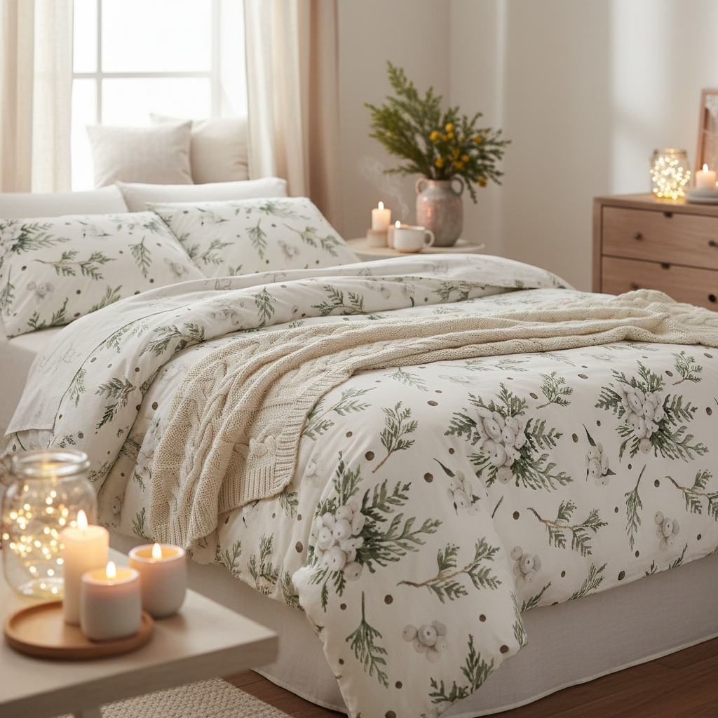 Doppelbett mit Leslis-Bettwäsche „Snowberry“, grünen Zweigen und einer hellen Strickdecke.