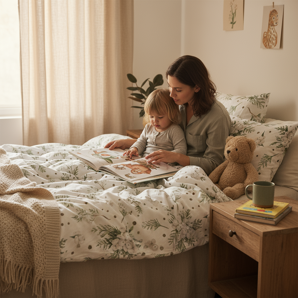 Eine erwachsene Person liest mit einem Kind im Bett mit Leslis-Bettwäsche „Snowberry“.