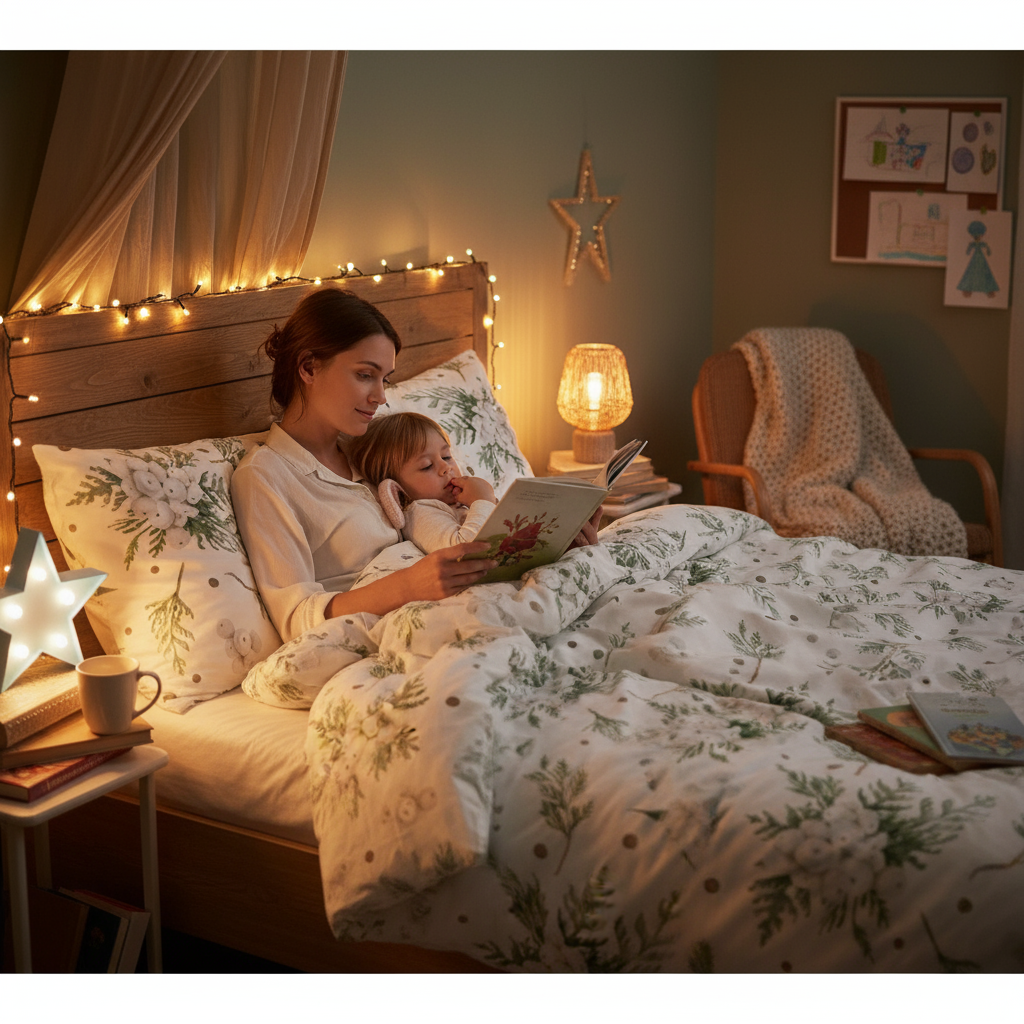 Eine erwachsene Person liest zwei Kindern im Bett mit Leslis-Bettwäsche „Snowberry“ vor.