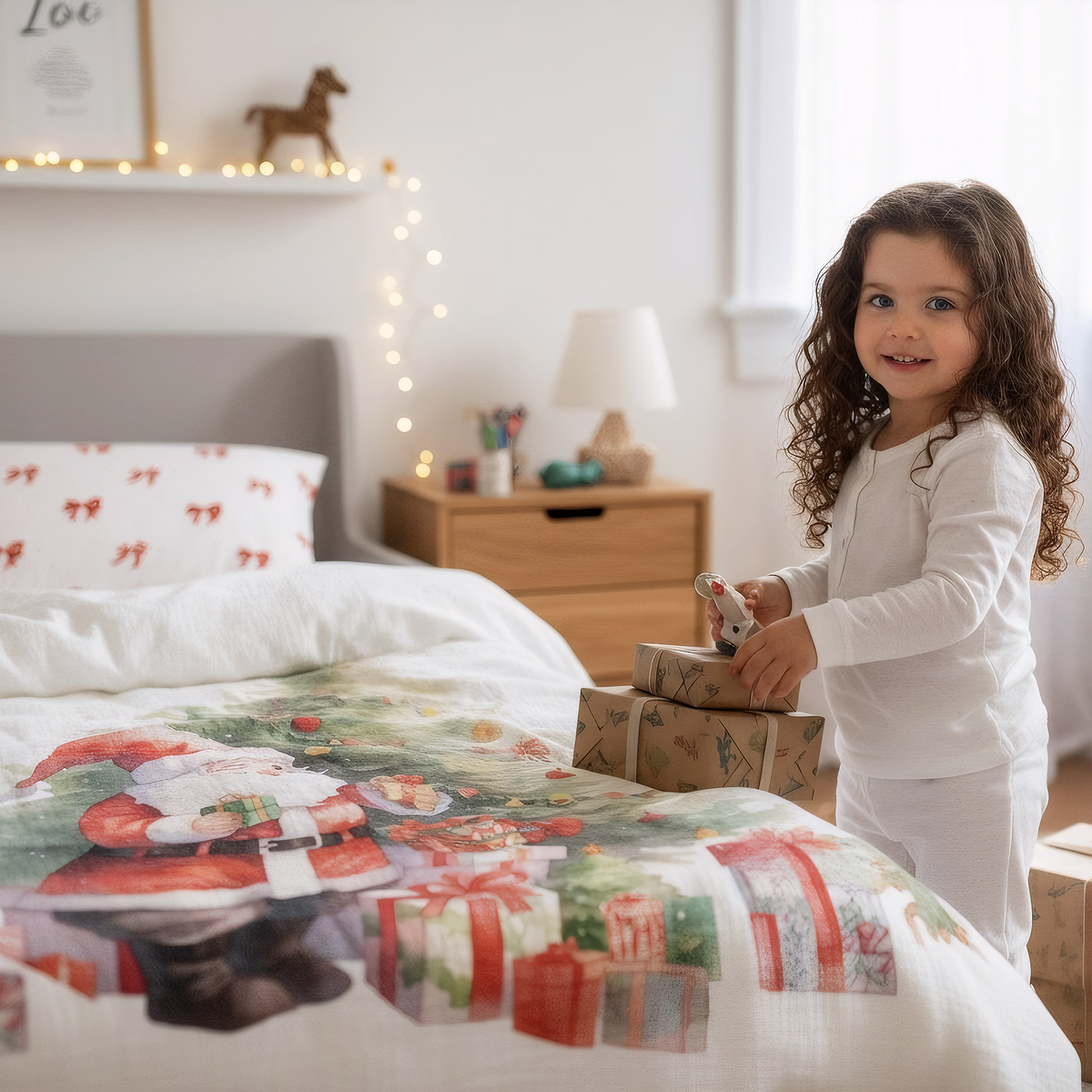 Kind steht mit einem kleinen Geschenk neben einem Bett mit Leslis-Kinderbettwäsche „Weihnachtsmann“.