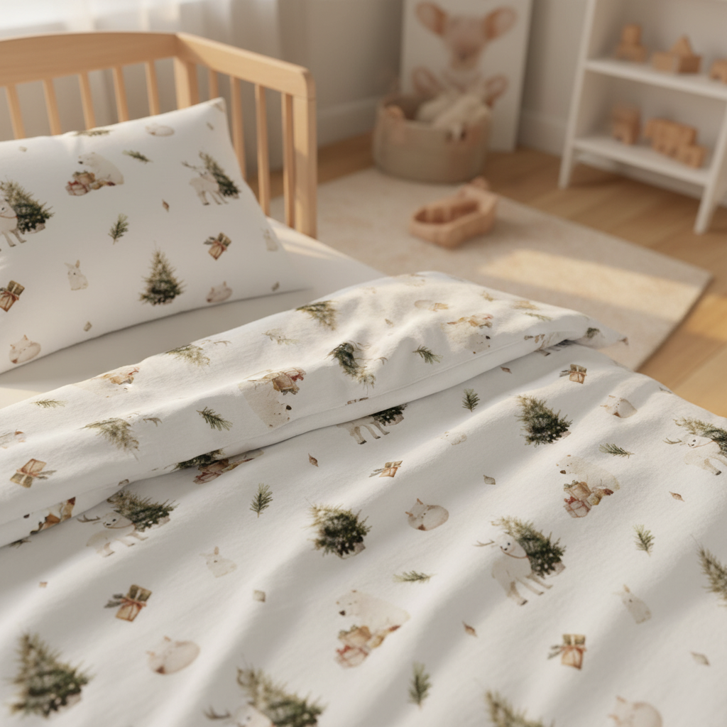 Nahansicht der Leslis-Kinderbettwäsche „Winterwald“ mit Waldmotiven auf hellem Grund.