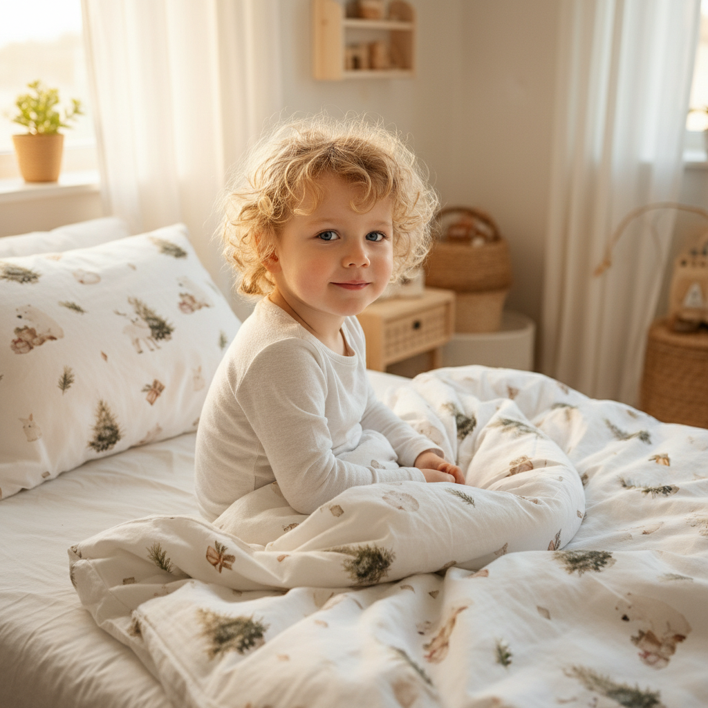 Kind sitzt lächelnd im Bett mit Leslis-Kinderbettwäsche „Winterwald“.