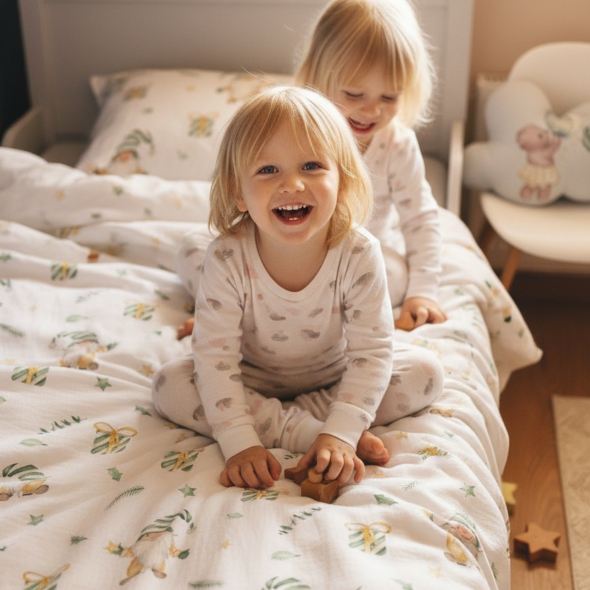 Zwei Kinder spielen auf einem Bett mit Leslis-Kinderbettwäsche „Weihnachtszwerg“.