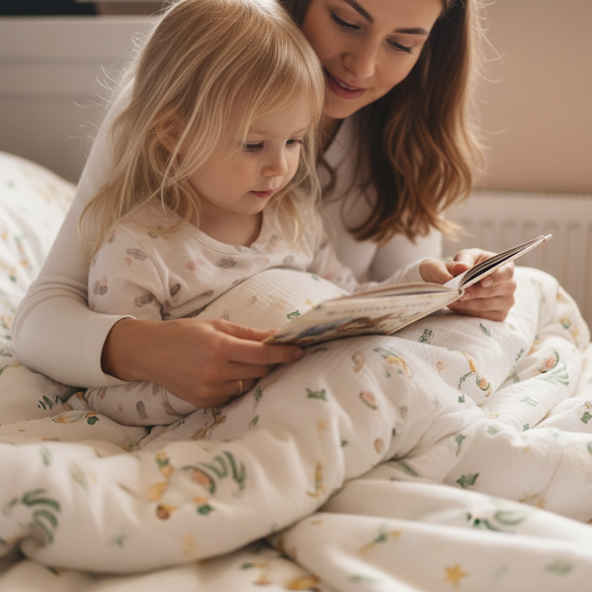 Ein Kind und eine erwachsene Person schauen gemeinsam ein Buch unter Leslis-Bettwäsche „Weihnachtszwerg“ an.