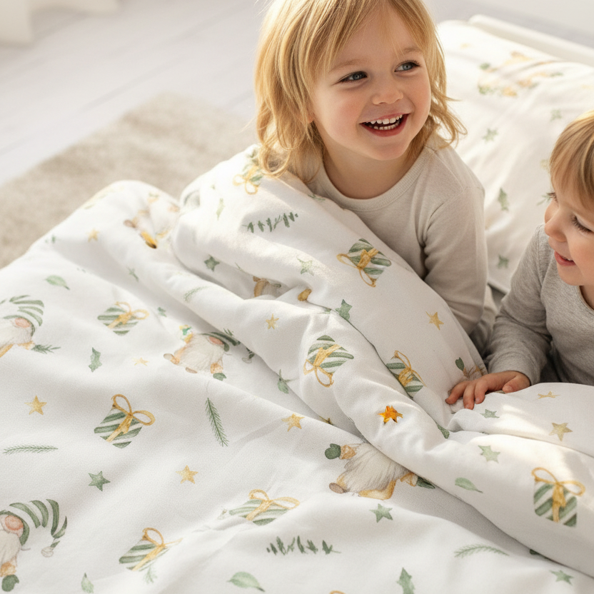 Zwei Kinder sitzen gemeinsam im Bett mit Leslis-Kinderbettwäsche „Weihnachtszwerg“.