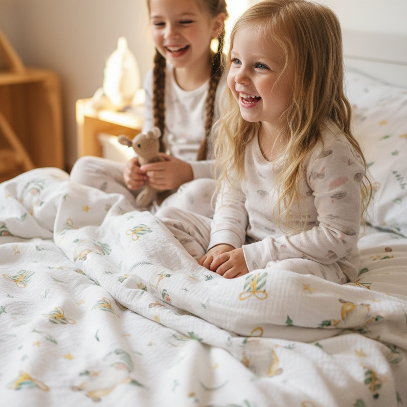 Zwei Kinder sitzen lächelnd unter Leslis-Kinderbettwäsche „Weihnachtszwerg“.