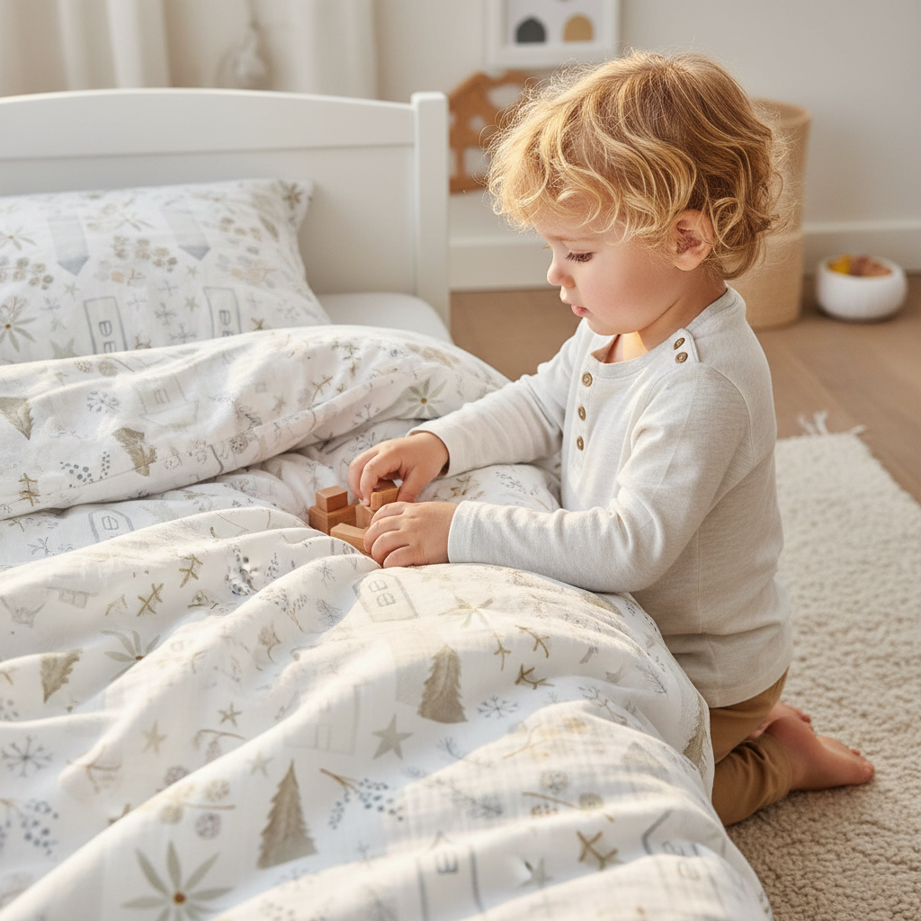 Kleinkind kniet neben einem Bett mit Leslis-Kinderbettwäsche „Zauberstadt“.