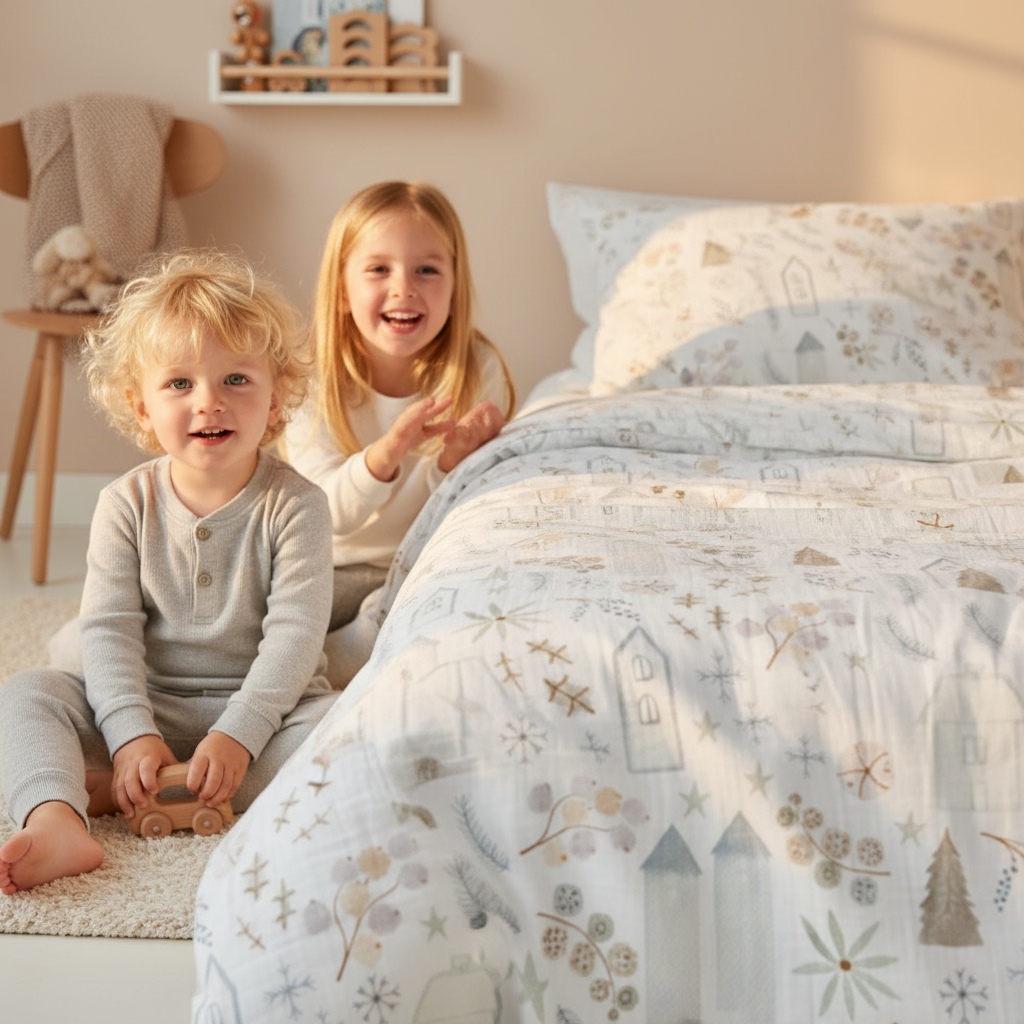 Zwei Kinder sitzen neben einem Bett mit Leslis-Kinderbettwäsche „Zauberstadt“.