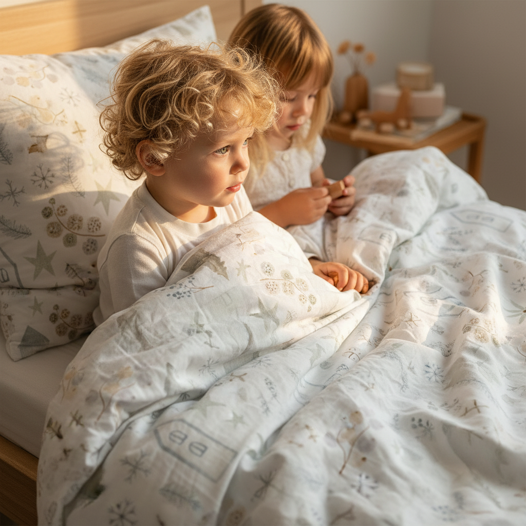 Zwei Kinder sitzen im Bett unter Leslis-Kinderbettwäsche „Zauberstadt“.