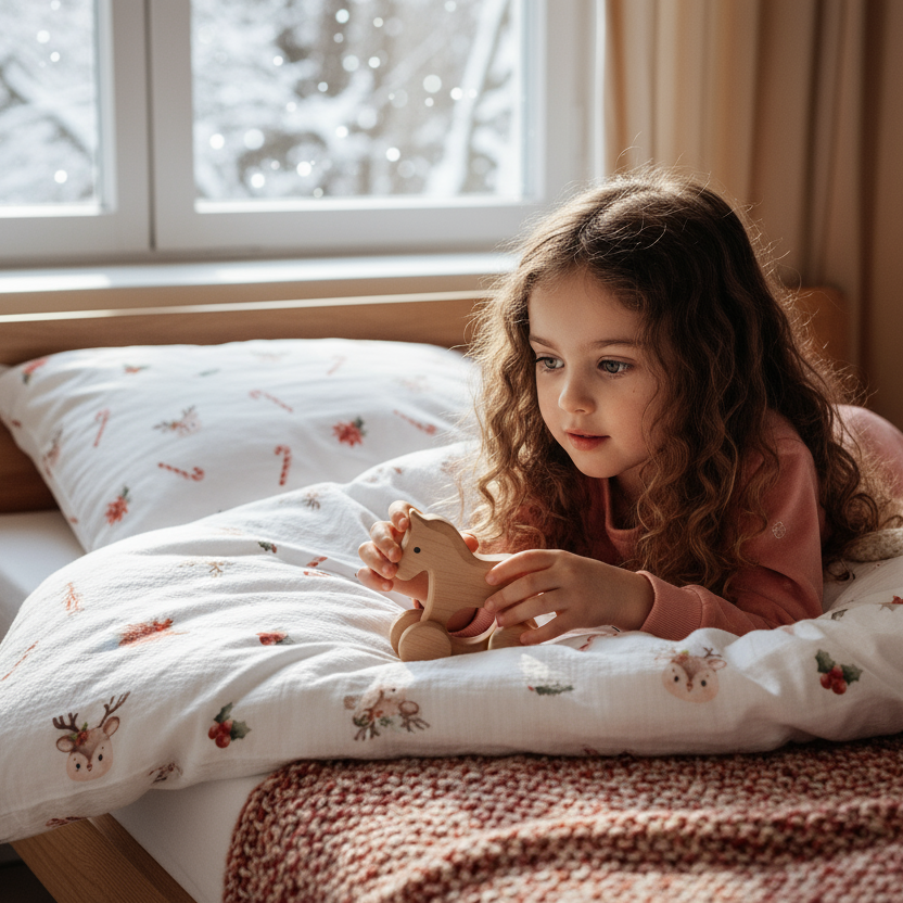 Kind lehnt an einem Bett mit Leslis-Kinderbettwäsche „Zuckerstangen und Rehe“.