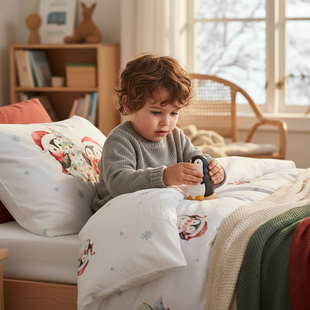 Kind sitzt mit einem Spielzeug im Bett mit Leslis-Kinderbettwäsche „Winter Pinguine“.