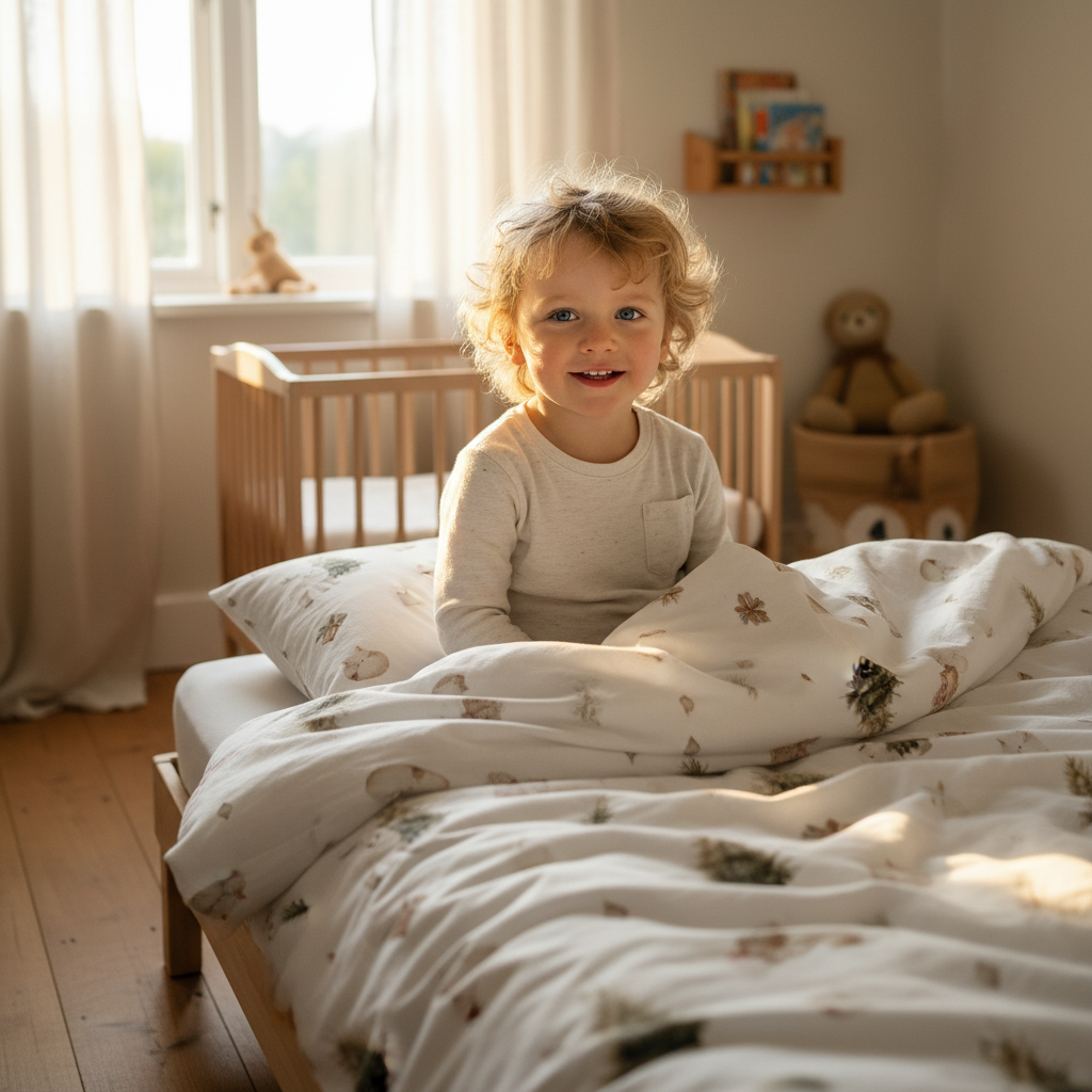 Kind kniet im Holzbett mit Leslis-Kinderbettwäsche „Winterwald“.