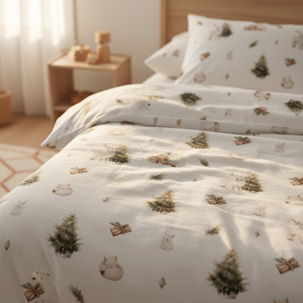Kinderbett mit Leslis-Bettwäsche „Winterwald“ und passendem Motivkissen.