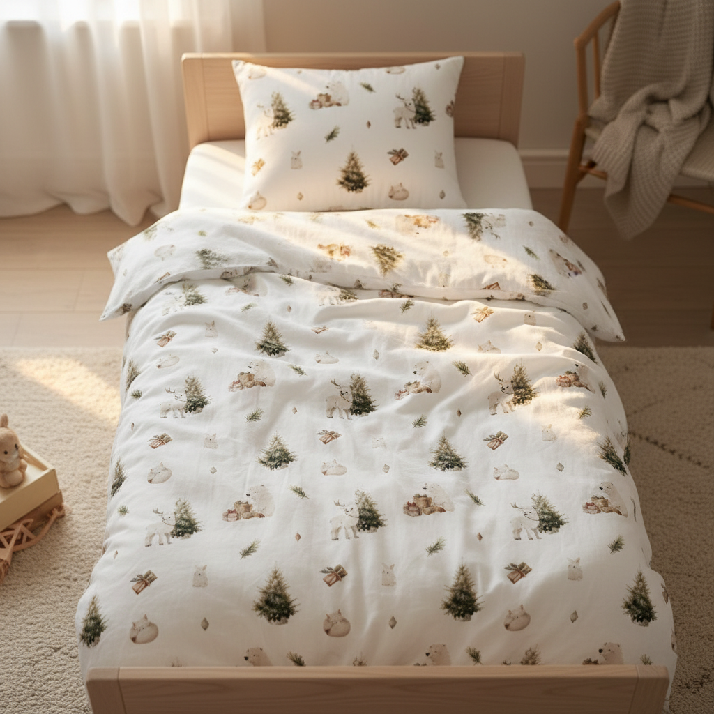 Leslis-Kinderbettwäsche „Winterwald“ mit kleinen Waldmotiven und locker aufgeschlagener Decke.