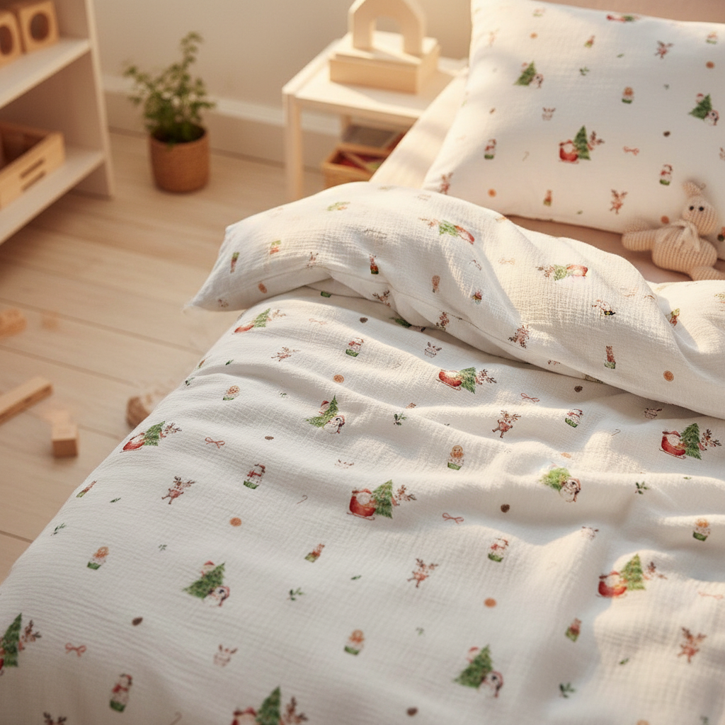 Leslis-Kinderbettwäsche „Nordic Santa“ mit kleinen Weihnachtsfiguren und Bäumen auf hellem Grund.