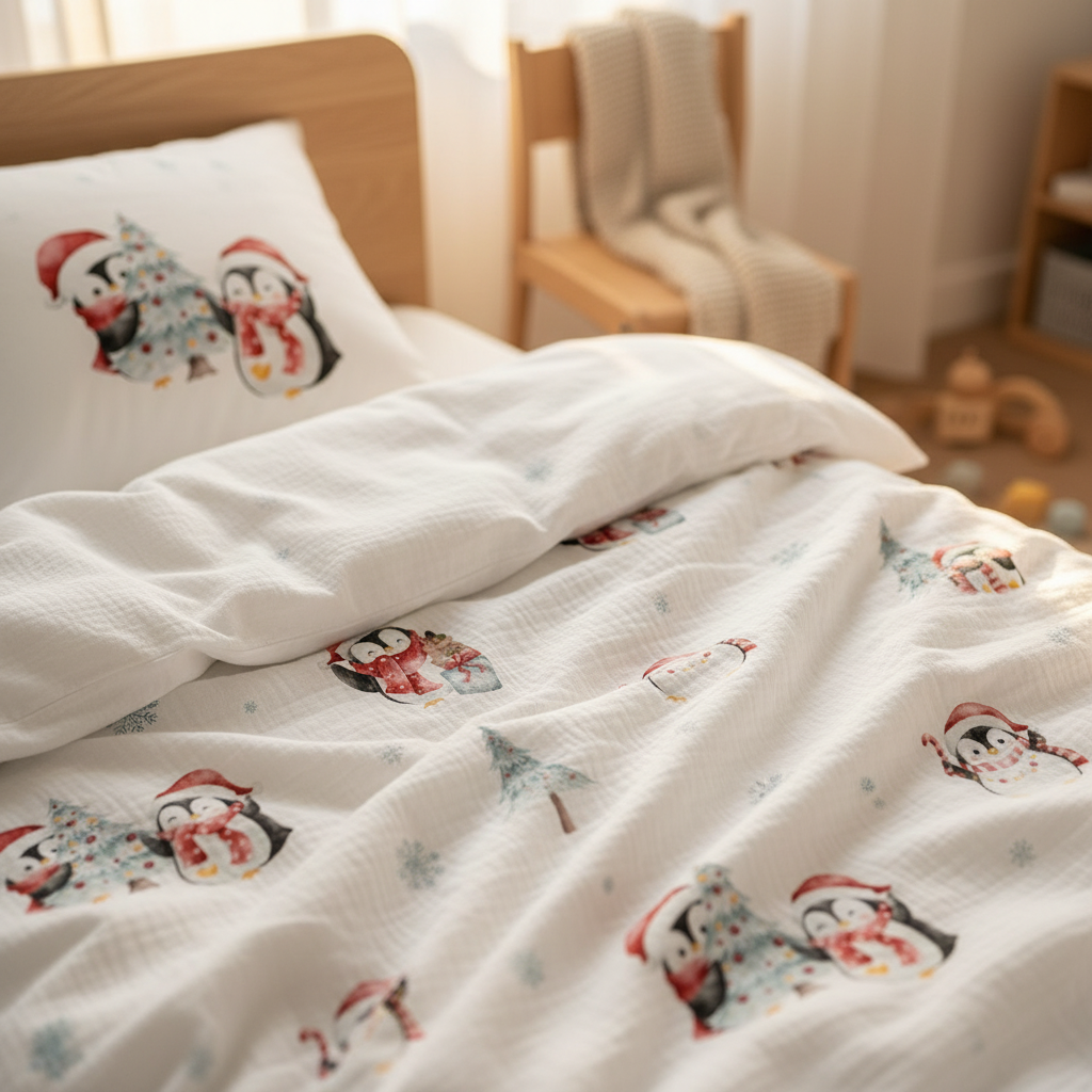 Nahansicht der Leslis-Kinderbettwäsche „Winter Pinguine“ mit winterlich gekleideten Pinguinen.