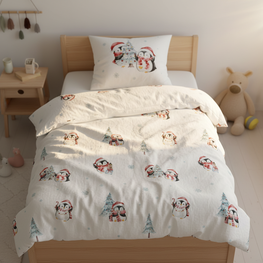 Kinderbett mit Leslis-Bettwäsche „Winter Pinguine“ und passendem Kissen.