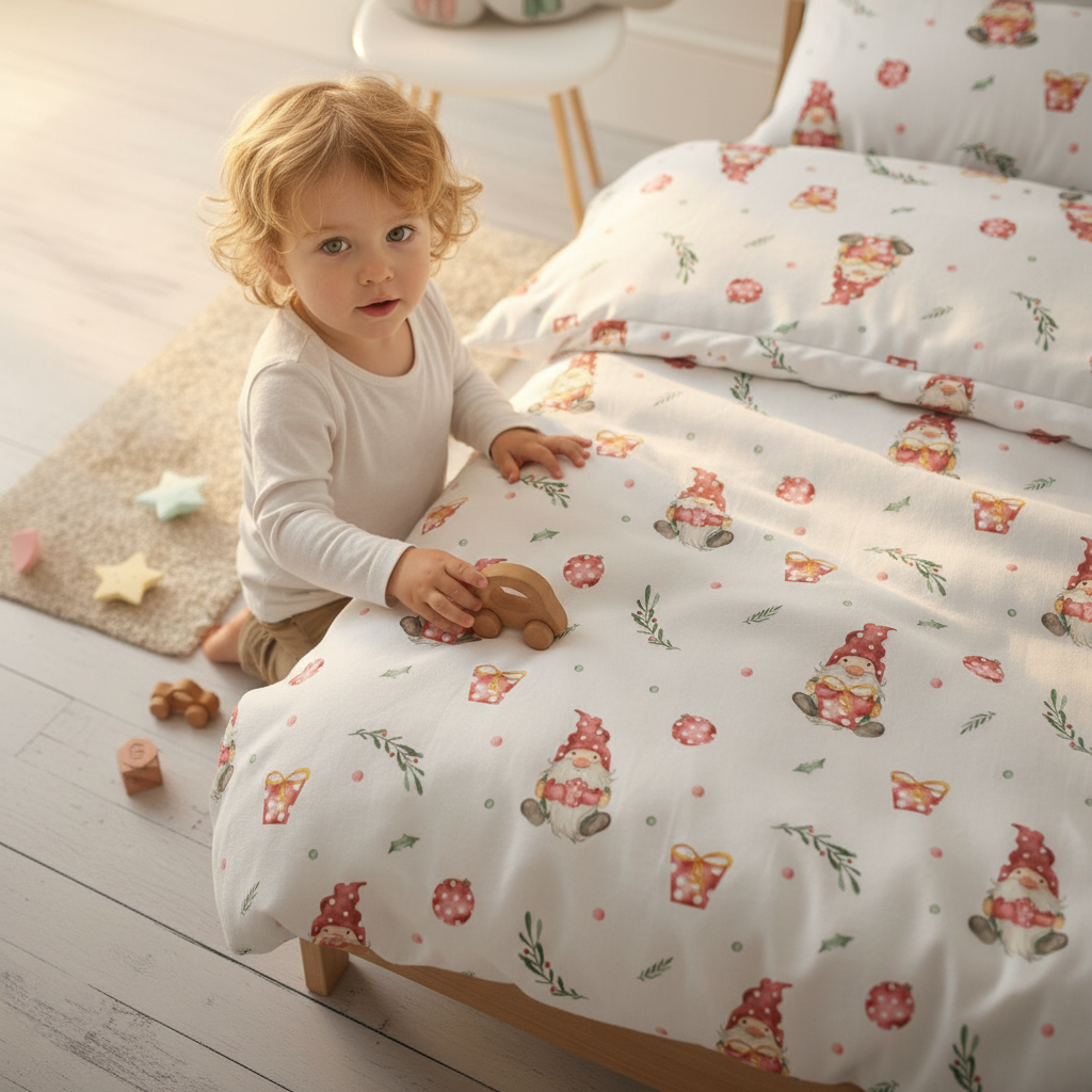 Kind kniet neben einem Bett mit Leslis-Kinderbettwäsche „Weihnachtself“.