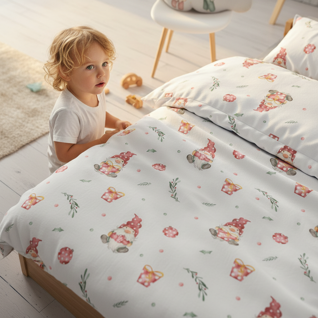 Kind zieht die Bettdecke mit dem Leslis-Motiv „Weihnachtself“ über das Bett.