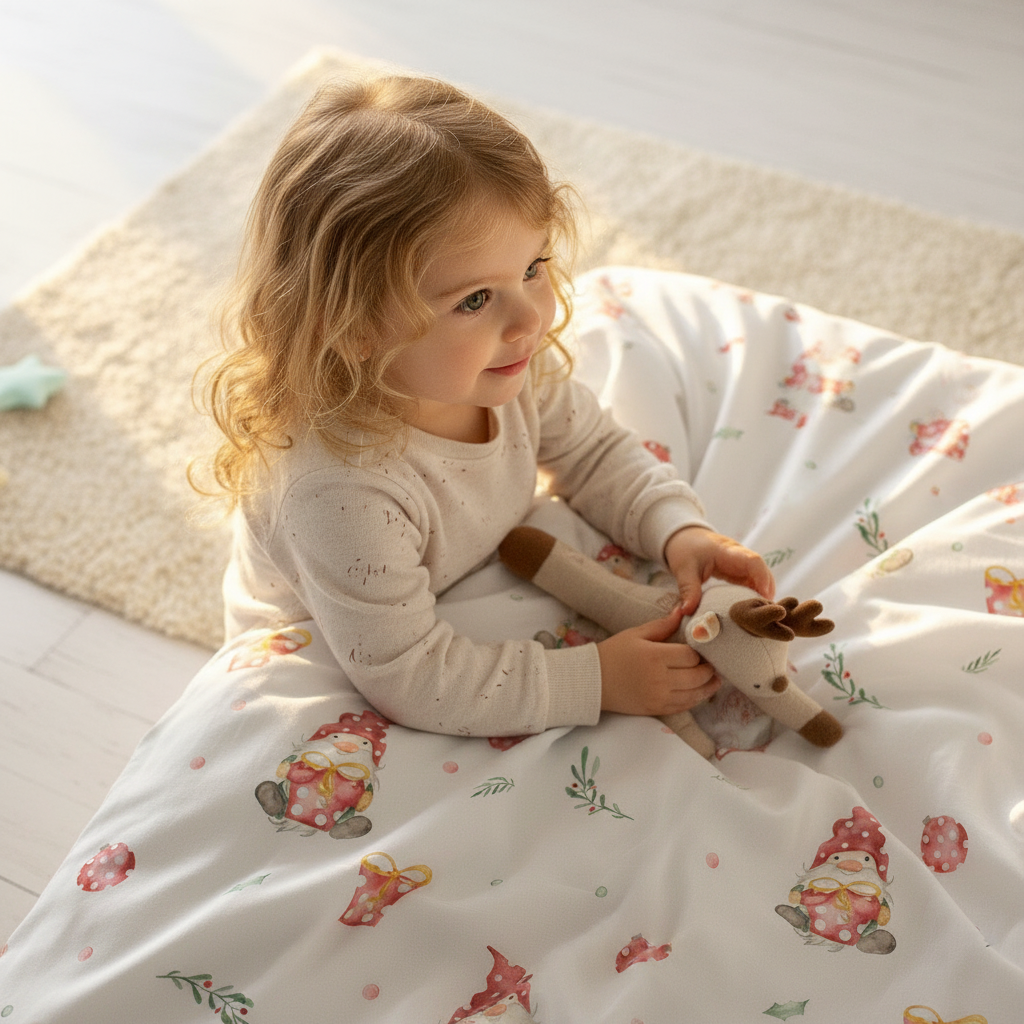 Kleinkind sitzt mit einem Spielzeug neben einem Bett mit Leslis-Kinderbettwäsche „Weihnachtself“.