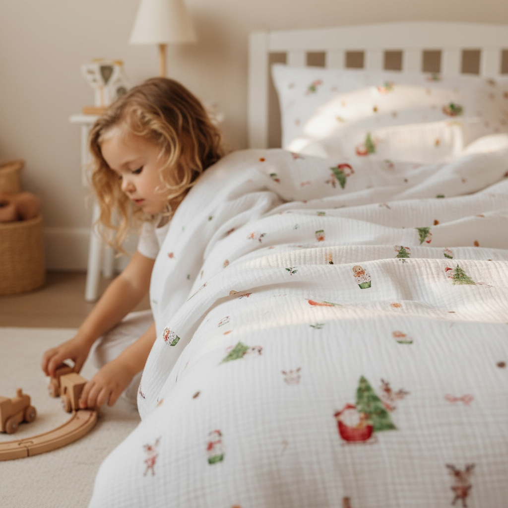 Kind spielt neben einem Bett mit Leslis-Kinderbettwäsche „Nordic Santa“.