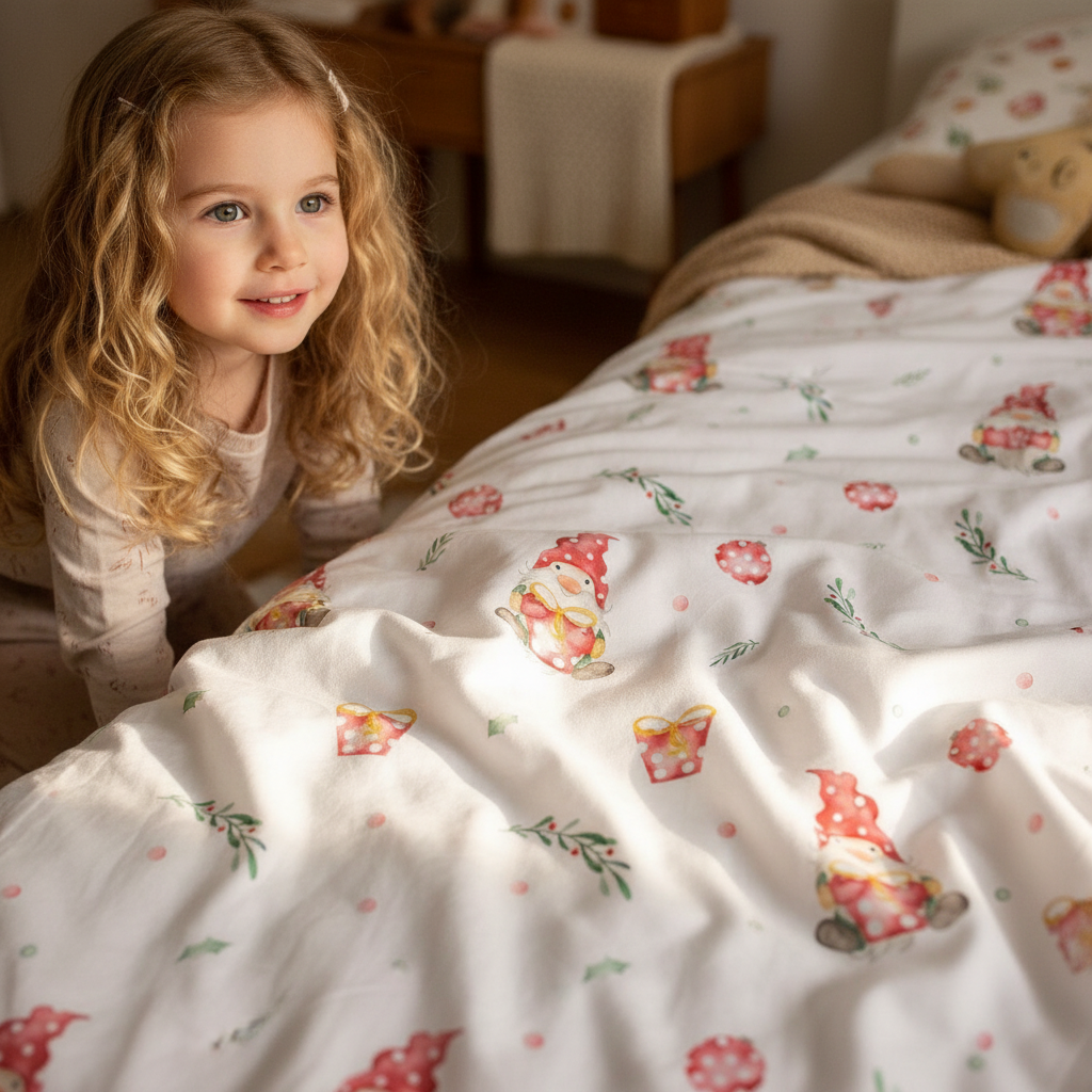 Kind schaut über die Bettkante mit Leslis-Kinderbettwäsche „Weihnachtself“.