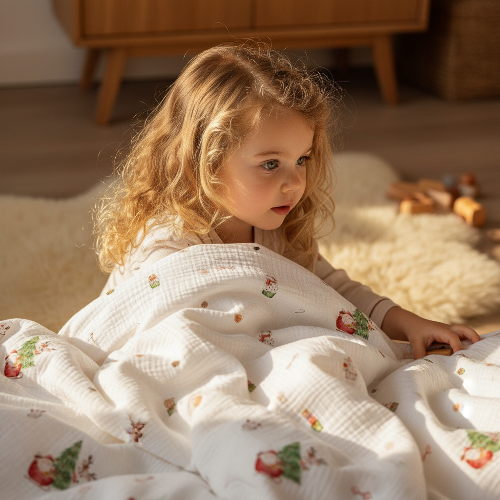 Kind sitzt neben einem Bett unter Leslis-Kinderbettwäsche „Nordic Santa“.