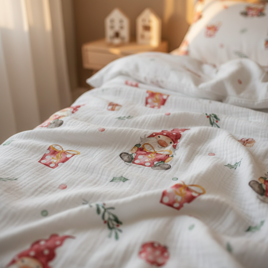Nahansicht der Leslis-Kinderbettwäsche „Weihnachtself“ mit kleinen Elfen auf hellem Grund.