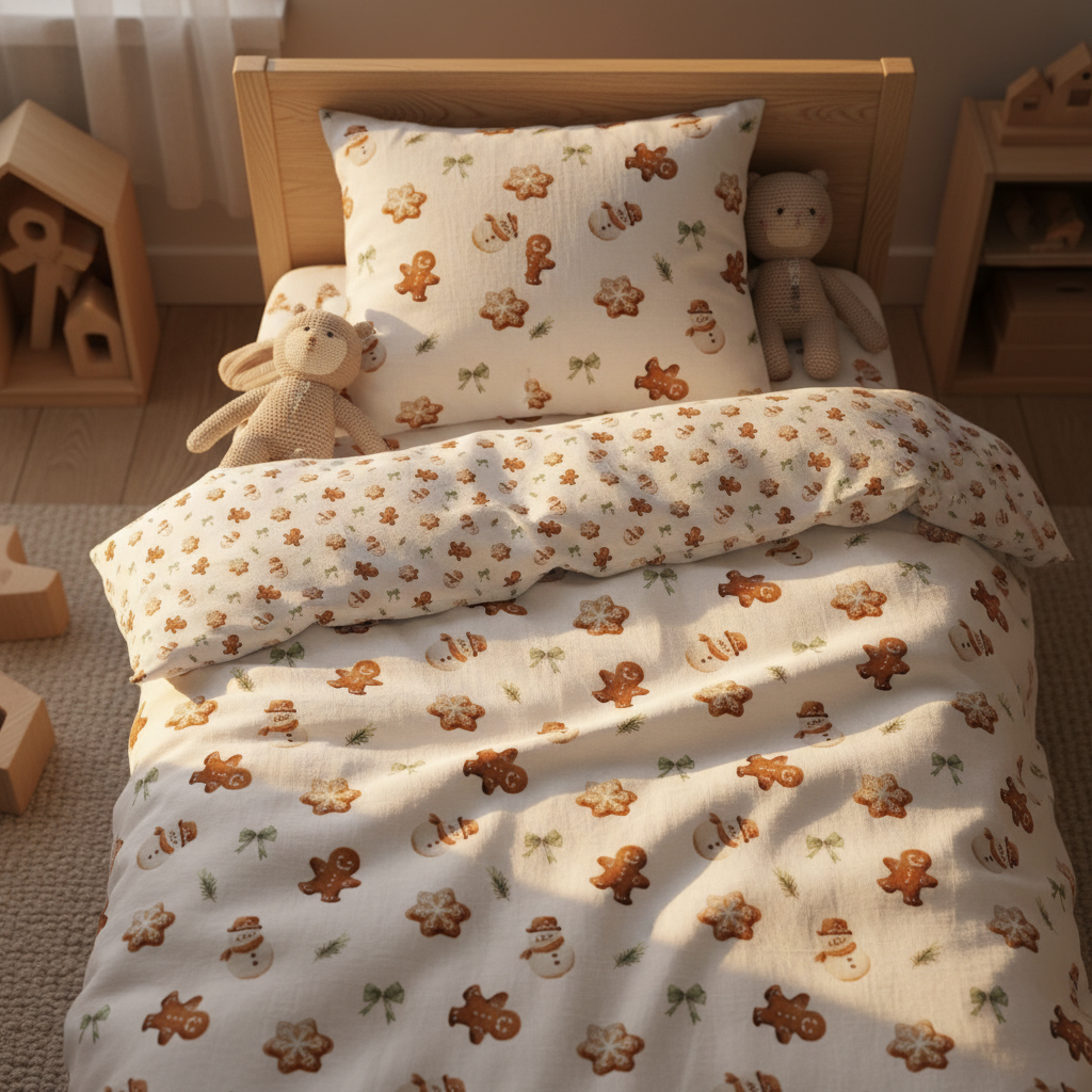 Leslis-Kinderbettwäsche „Lebkuchenmännchen“ mit kleinen Lebkuchenfiguren im Holzbett.
