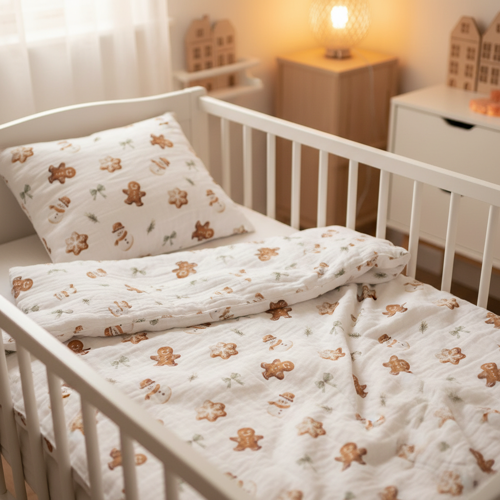 Weißes Gitterbett mit Leslis-Kinderbettwäsche „Lebkuchenmännchen“.