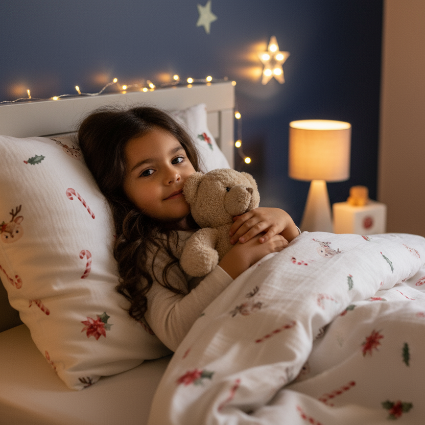Kind liegt mit einem Stoffhasen unter Leslis-Kinderbettwäsche „Zuckerstangen und Rehe“ vor einer Lichterkette.