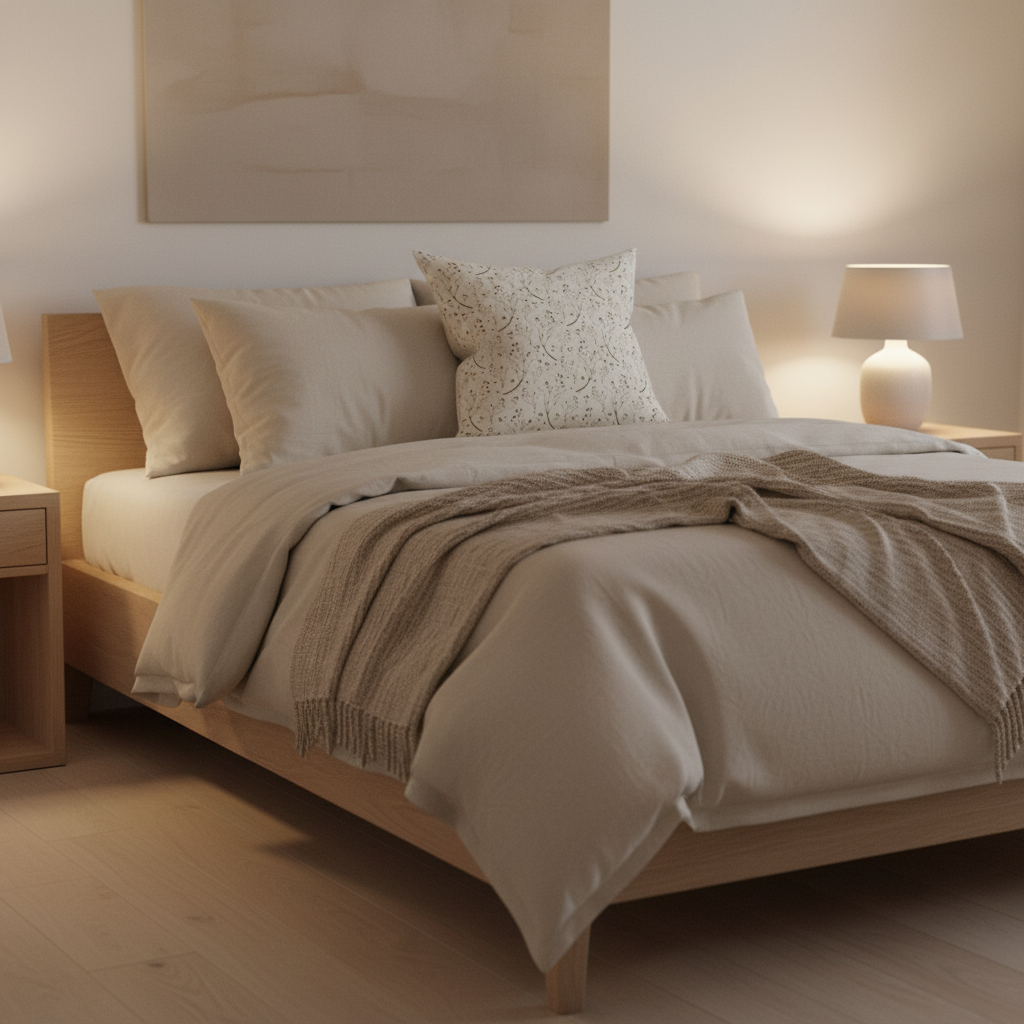 Leslis-Dekokissen „Feine Zweige“ auf einem hell bezogenen Doppelbett neben einer Nachttischlampe.