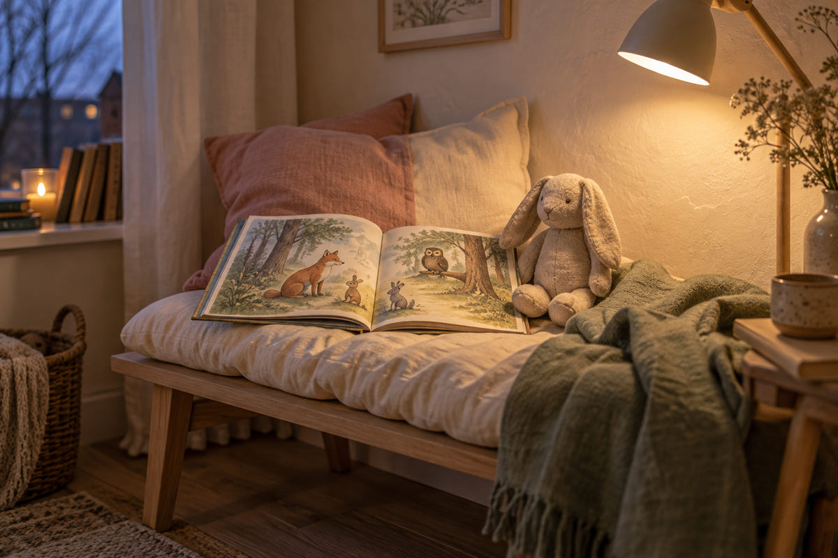 Image d’ambiance générée par IA : un livre illustré et un lapin en tissu dans un coin lecture éclairé par une lumière douce du soir.