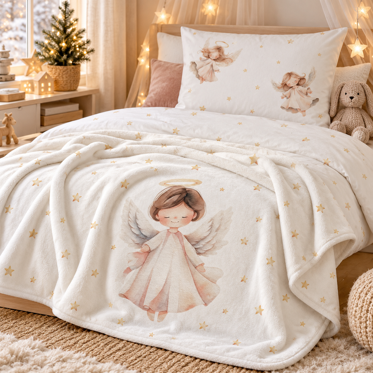The “Christmas Angel” plush blanket spread over a bed.