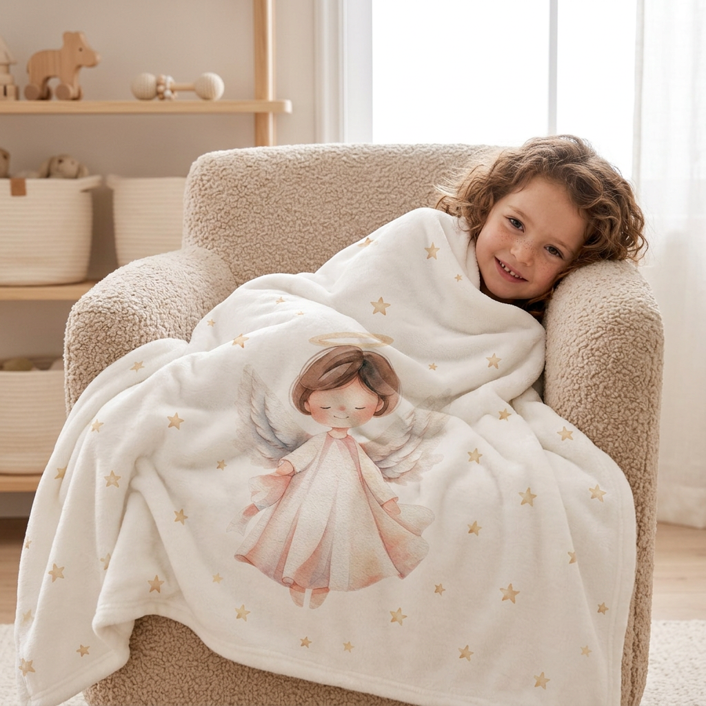 A child in an armchair, snuggled in the “Christmas Angel” plush blanket.