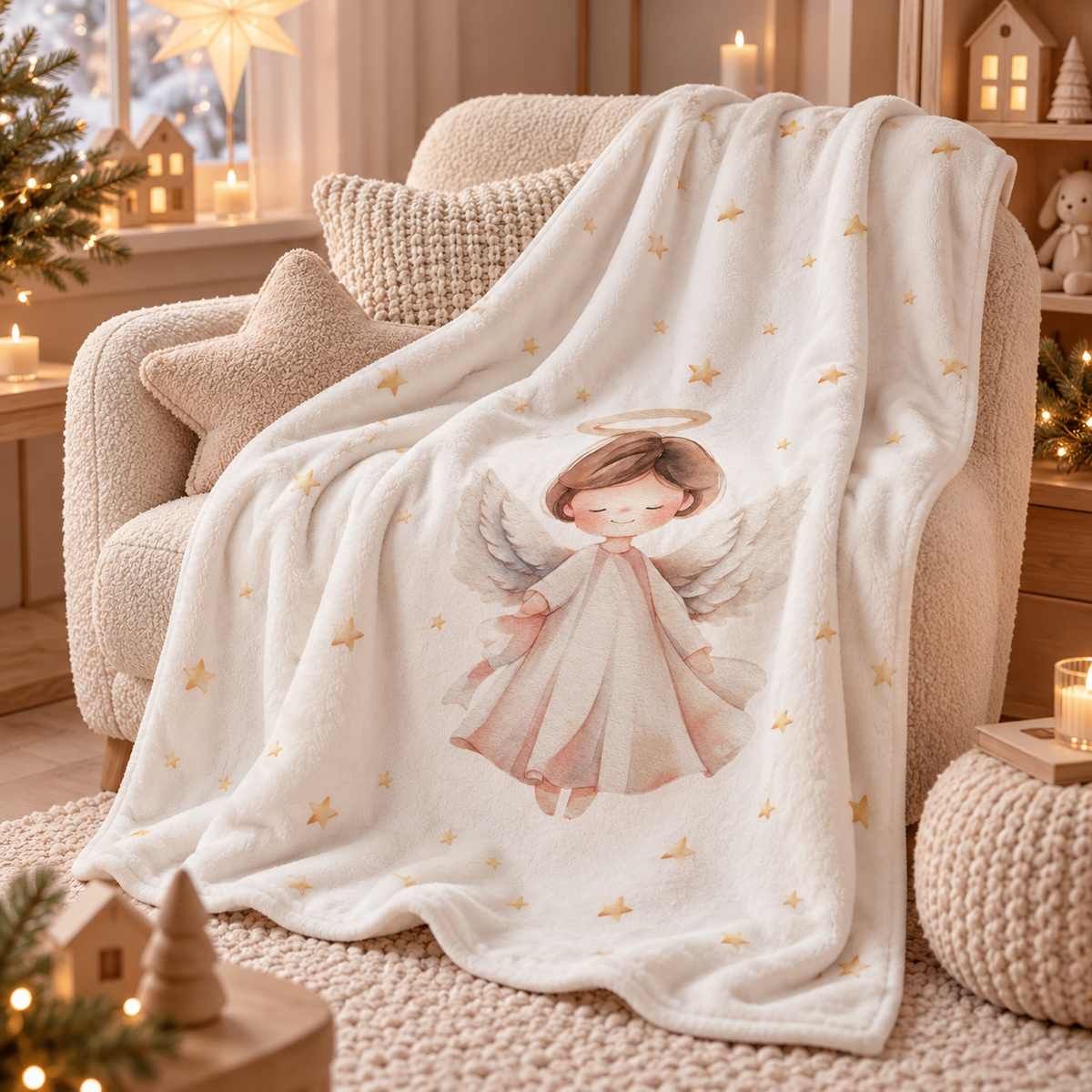The “Christmas Angel” plush blanket draped over an armchair in a cosy room.