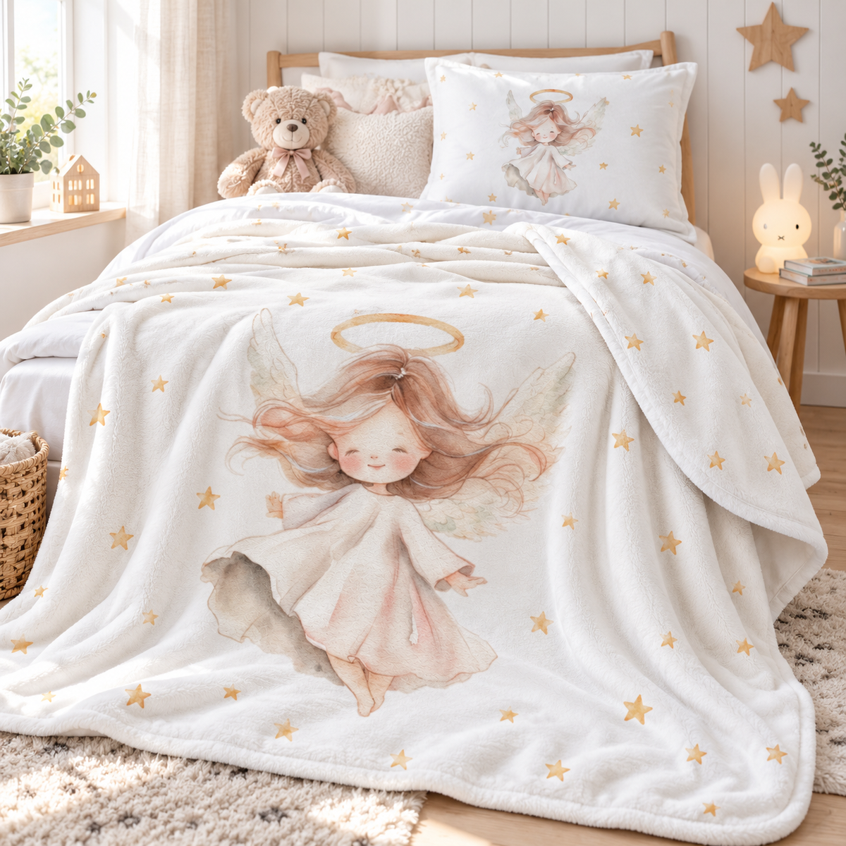 The “Angel” plush blanket spread over a bed.
