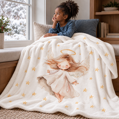 A child with the “Angel” plush blanket beside a window.