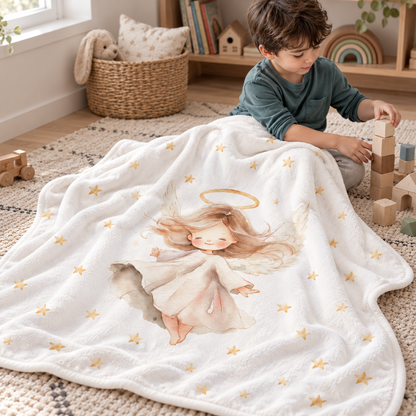 A child playing on the floor with the “Angel” plush blanket.