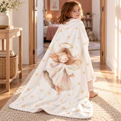 A child standing in a hallway, wrapped in the “Angel” plush blanket.
