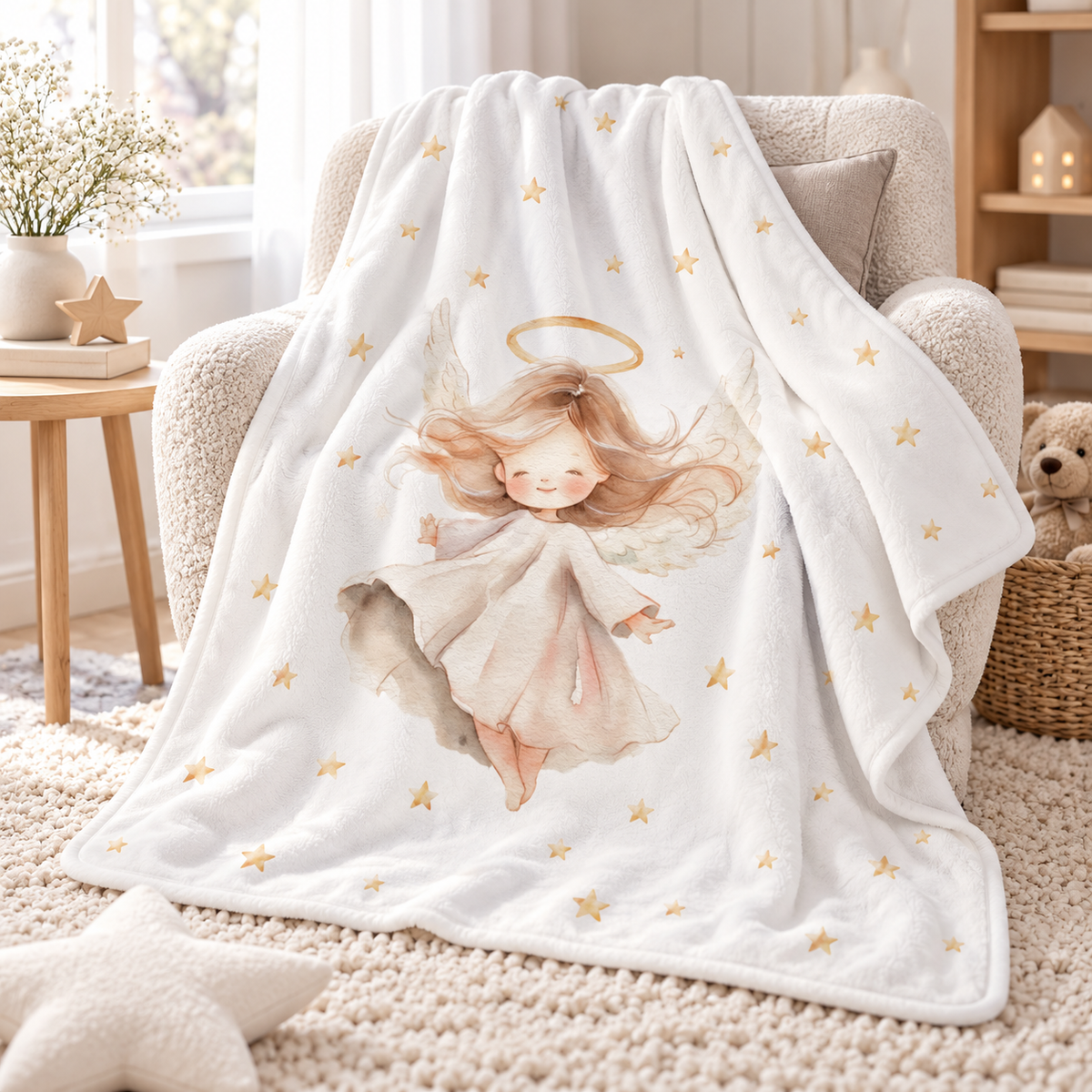 The “Angel” plush blanket draped over an armchair in a cosy room.