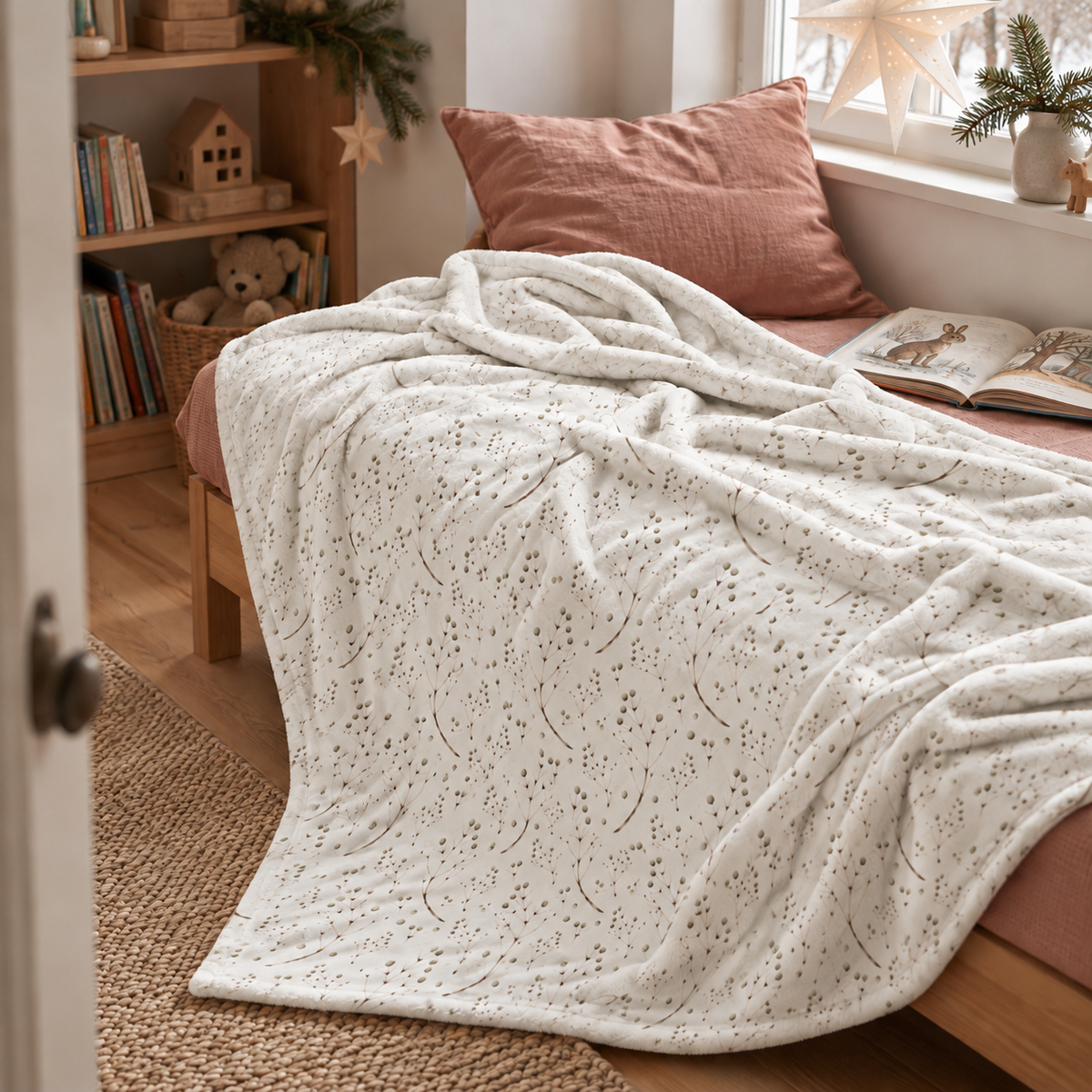 Kuscheldecke „Feine Zweige“ auf einem Bett ausgebreitet.