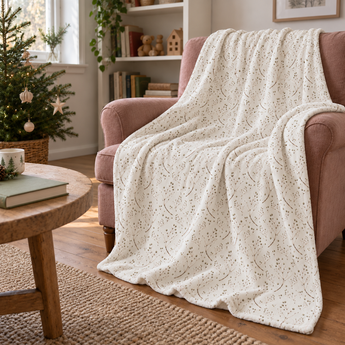 Kuscheldecke „Feine Zweige“ über einem Sessel im gemütlichen Wohnraum.