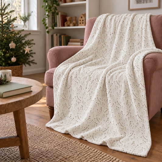 Le plaid « Fines branches » drapé sur un fauteuil dans une pièce accueillante.