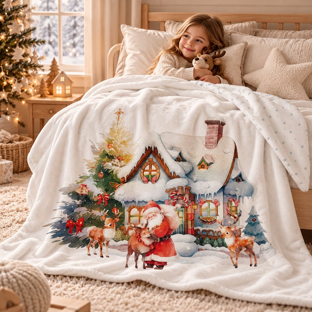 Kind im Bett unter der Kuscheldecke „Haus des Santa Claus“.