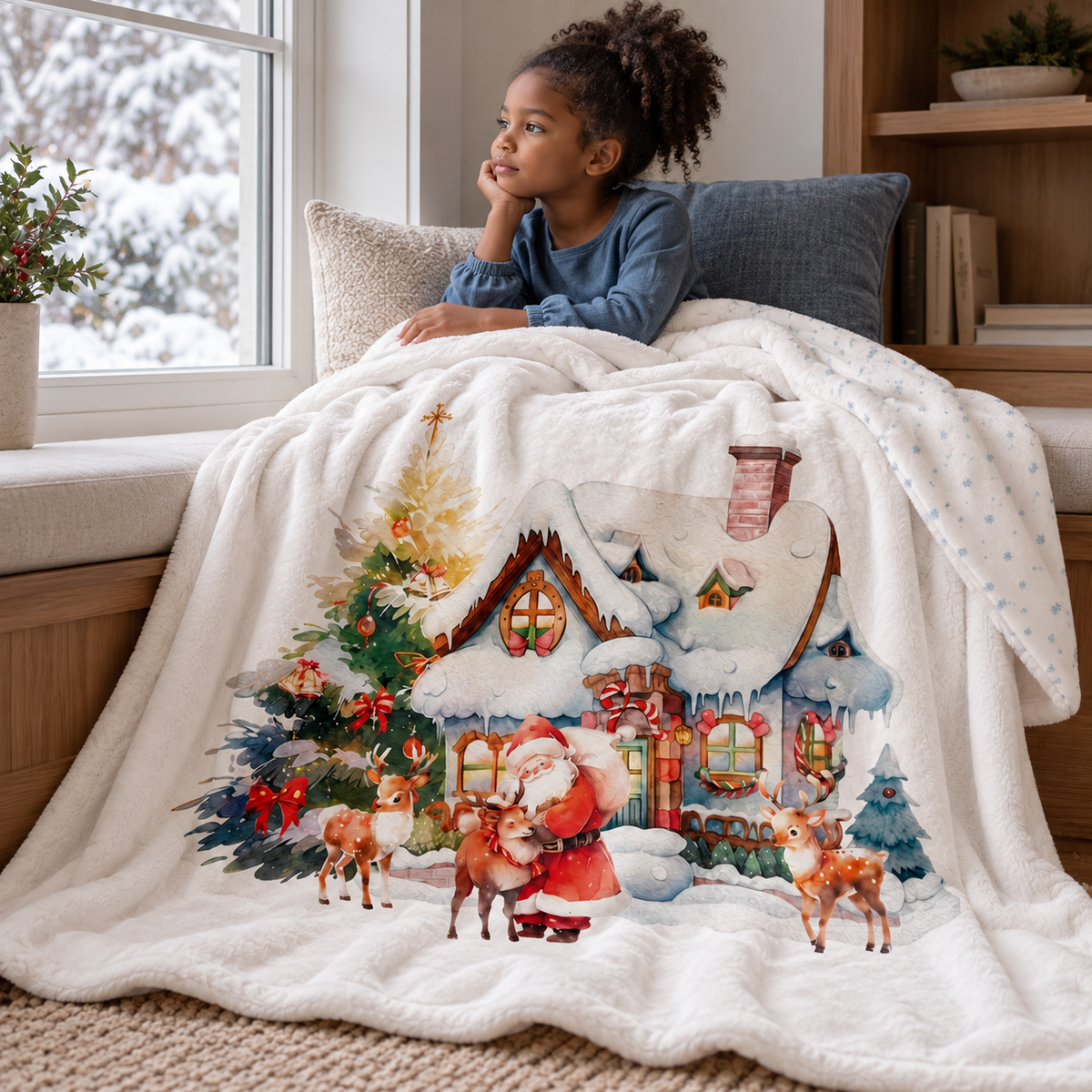 Kind mit der Kuscheldecke „Haus des Santa Claus“ am Fenster.