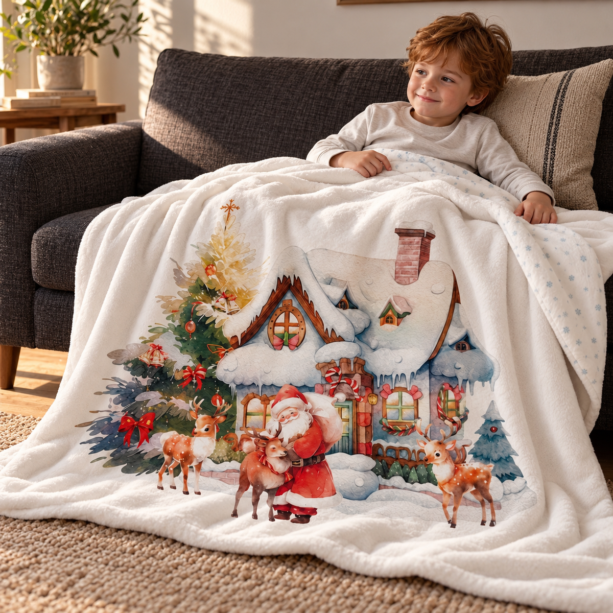 Kind auf dem Sofa, eingekuschelt in die Kuscheldecke „Haus des Santa Claus“.