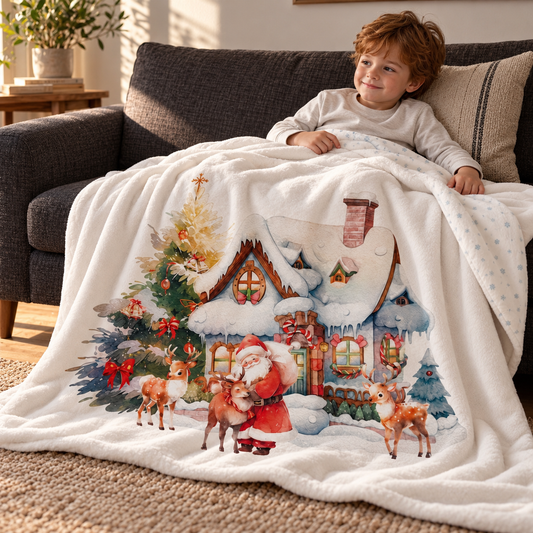 Un enfant sur un canapé, blotti dans le plaid « Maison du Père Noël ».