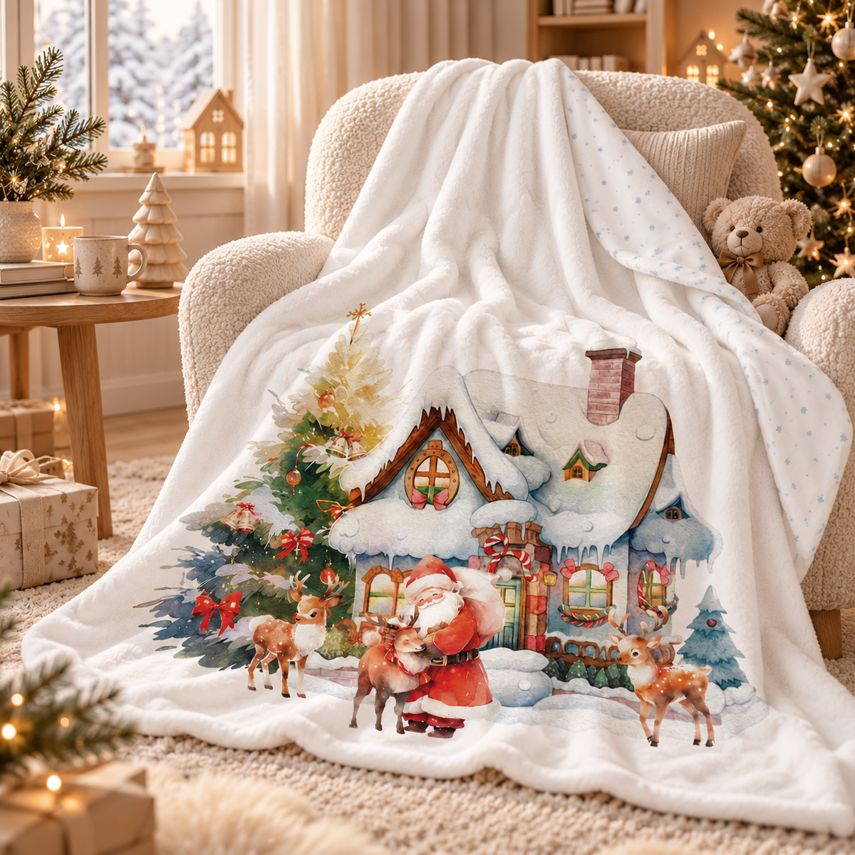 Kuscheldecke „Haus des Santa Claus“ über einem Sessel im gemütlichen Wohnraum.